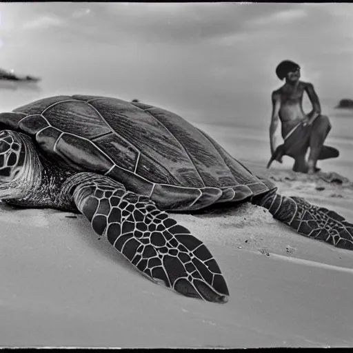 Image similar to mega turtle invading rio de janeiro in 1895, black and white historical picture, good quality, during daytime, at the beach, panic