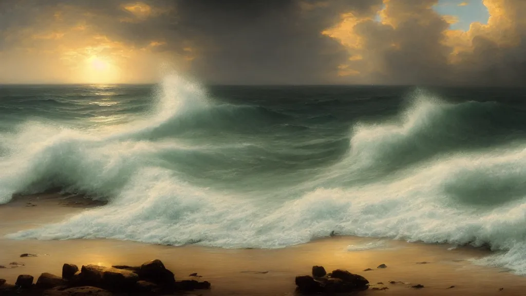Prompt: first person view of breaking waves on the shore, summer, during a storm, sea breeze rises in the air, by andreas rocha and john howe, and Martin Johnson Heade, featured on artstation, featured on behance, golden ratio, ultrawide angle, f32, well composed