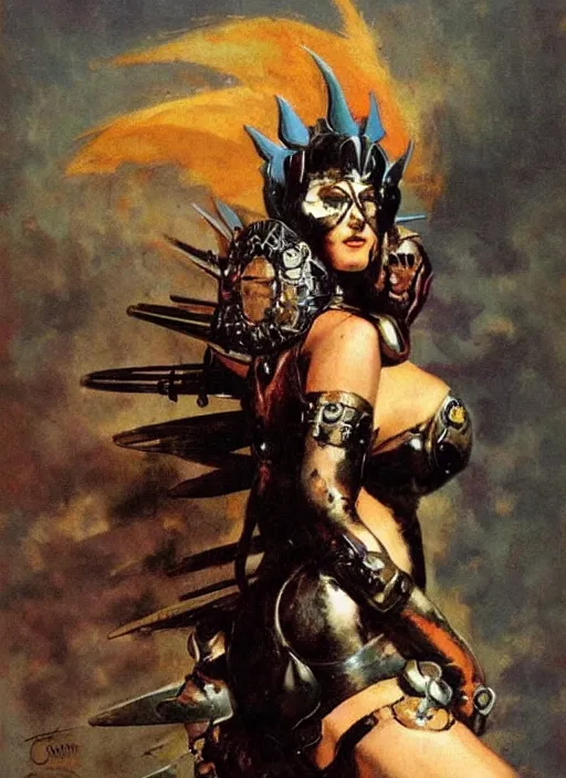 Prompt: portrait of junoesque norwegian female chaos angel, beautiful! coherent! by frank frazetta, by brom, strong line, muted color, rusted spiked armor, iron helm, high contrast, maximalist