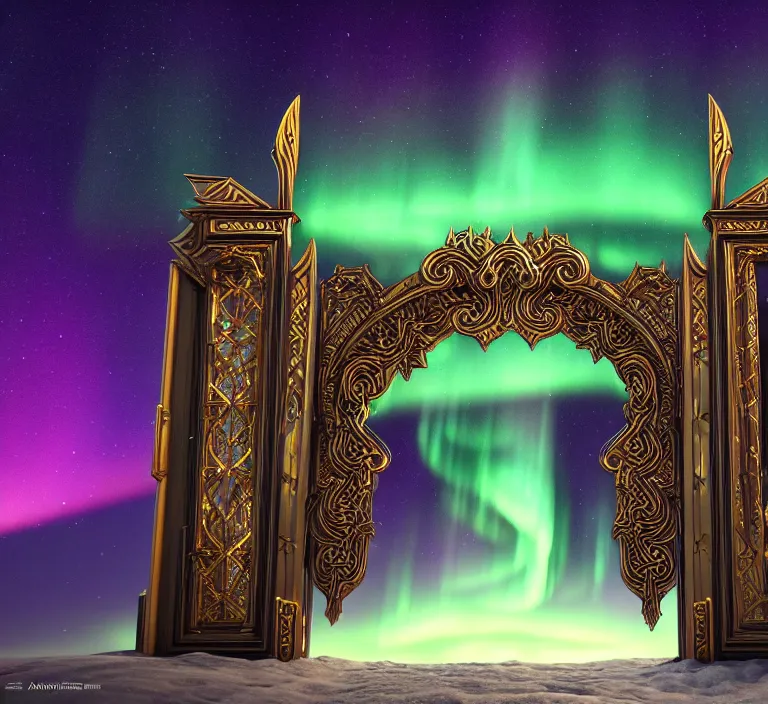 Prompt: a very detailed concept art of intricate gates to aurora borealis, trending on artstation, symmetry, digital art, 4 k, hyper realistic, octane render, sharp focus