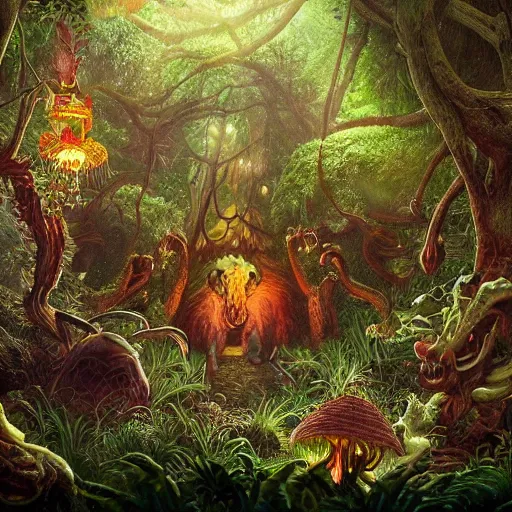 Prompt: Intricate detailed illustration, demonic and evil woodland creatures in a lush tropical jungle, 🍄 , 🌱, cinematic lighting, by Philip Hood, wide angle, volumetric light scattering, 8k, artstation, concept art,