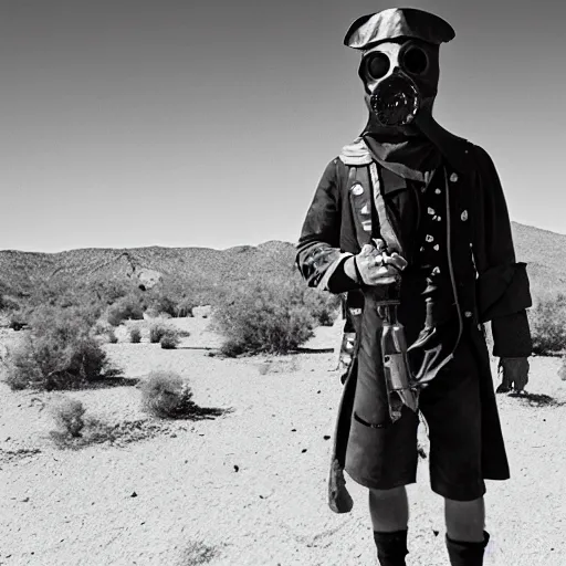 Prompt: a pirate wearing a gasmask, in the desert, film still, panavision panaflex