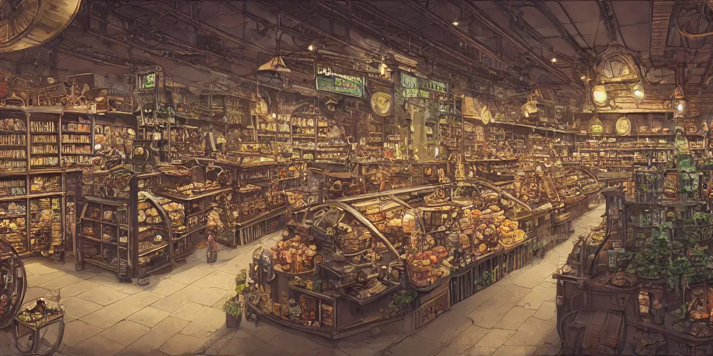 Image similar to Steampunk grocery store overview mapa design, Moebius, Greg Rutkowski, Zabrocki, Karlkka, Jayison Devadas, Phuoc Quan, trending on Artstation, 8K, ultra wide angle, pincushion lens effect