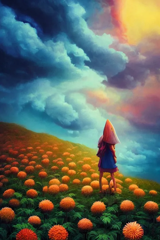 Prompt: closeup giant dahlia flower under head, girl standing on mountain, surreal photography, blue storm clouds, dramatic light, impressionist painting, digital painting, artstation, simon stalenhag