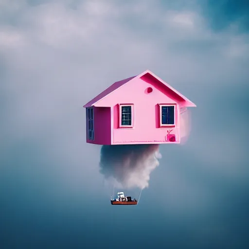 Image similar to a 5 0 mm lens photograph of a cute pink floating modern house, floating in the air between clouds, inspired by the movie up, held up from above by ballons. mist, playful composition canon, nikon, award winning, photo of the year