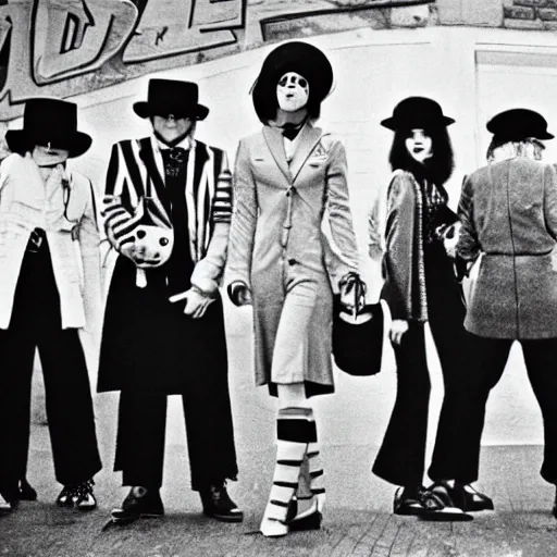 Image similar to hooligan punk woman, female droog, a clockwork orange, woman wearing bowler hat, 1 9 7 1, 1 9 7 1 dystopian england