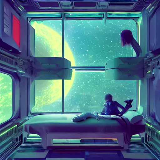 Prompt: a futuristic room in a space station, a large bed and screens, lush plants, a colorful nebula can be seen through a window, moody lighting, trending on Artstation, very detailed, Gigapixel