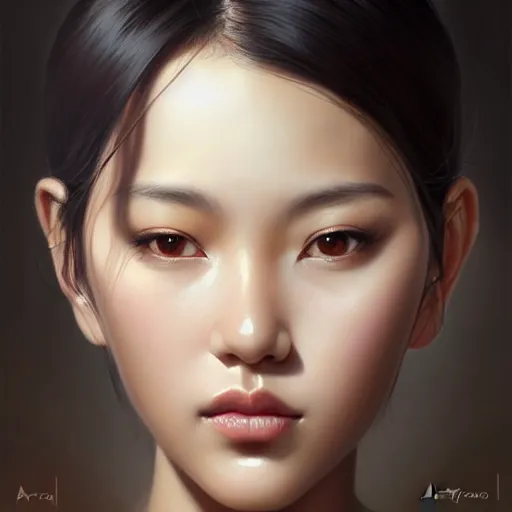 Image similar to portrait of a beautiful woman, square-faced, sand-colored skin, harried bun of black hair, korean, soft details, dark brown eyes, matte painting oil on canvas by mark arian by artgerm, trending on artstation, 4k, 8k, HD