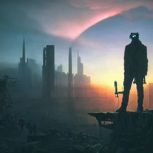 Image similar to wanderer with night vision goggles, dramatic light, sunset, sunrays, flying cars, cyberpunk city in the background, ruins, buildings, dystoptian, gorgeous view, depth, painted by Caspar David Friedrich, gateway, clouds, tending on artstation