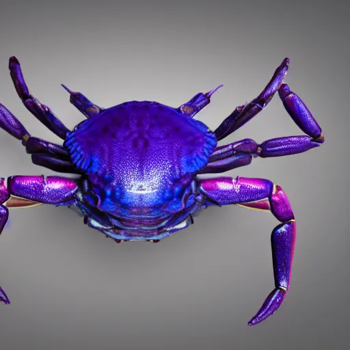 Prompt: photo realistic 3d render of purple and blue alien crab like creature with four eyes and eight limbs and long elephant trunk