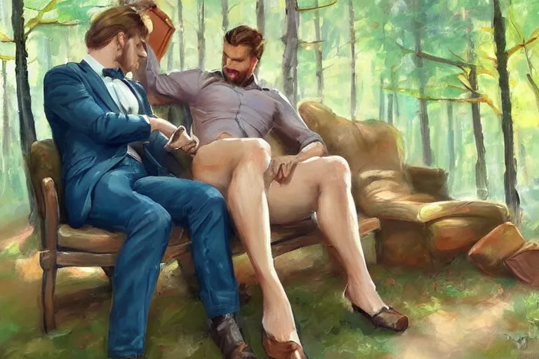 Image similar to 2 attractive men sitting on a coach in forest, painting by vladimir volegov, tom of finland, trending on artstation