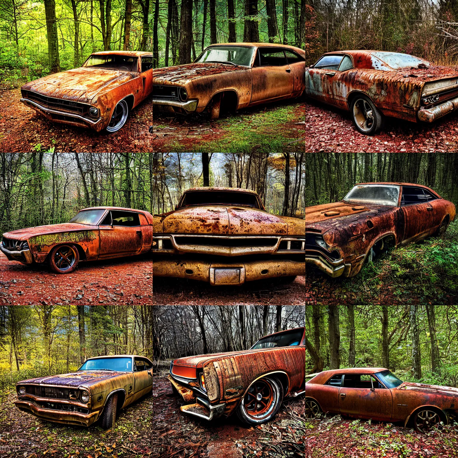 Prompt: photograph rusted muscle car in the woods