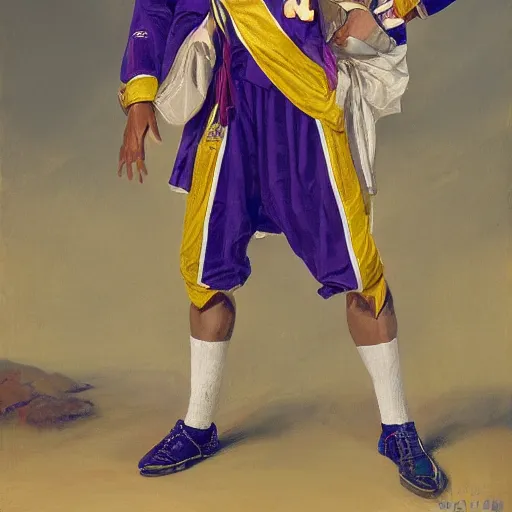 Image similar to official portrait of the los angeles lakers dictator, 1 7 8 0, in full lakers military garb. oil on canvas by william sidney mount, oil on canvas, octane render