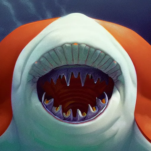 Prompt: orange and white traffic cone great white shark eyes and teeth teeth teeth teeth teeth, cute, beautiful, wide shot, underwater background detailed atmospheric - ron cheng & alphonse mucha, highly detailed, digital painting, ray tracing, concept art, illustration, smooth sharp focus, intricate, symmetry, artstation,