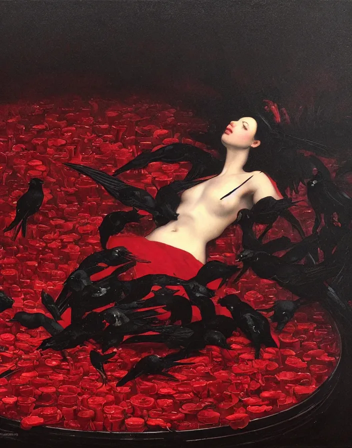 Prompt: a pool of liquid boiling red wax and black icarus dressed in a red puffy dress, many birds and black roses fly around, a dark background, wide angle, epic, oil painting in a renaissance style , very detailed, painted by Caravaggio, Greg rutkowski, Sachin Teng, Thomas Kindkade, Norman Rockwell, Tom Bagshaw, halo, octane render, cinematic, hyper realism, octane render, 8k, depth of field, bokeh. iridescent accents. vibrant. teal and gold and red colour scheme