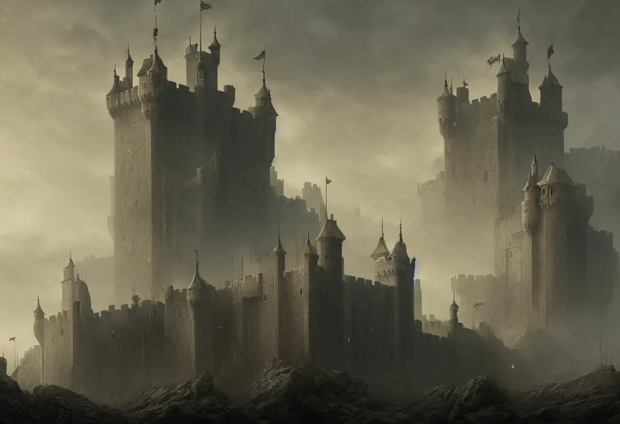 Image similar to castle with 3 0 years war, ultra high definition, ultra detailed, symmetry, fog, matte painting, by greg rutkowski and ross tran and wlop