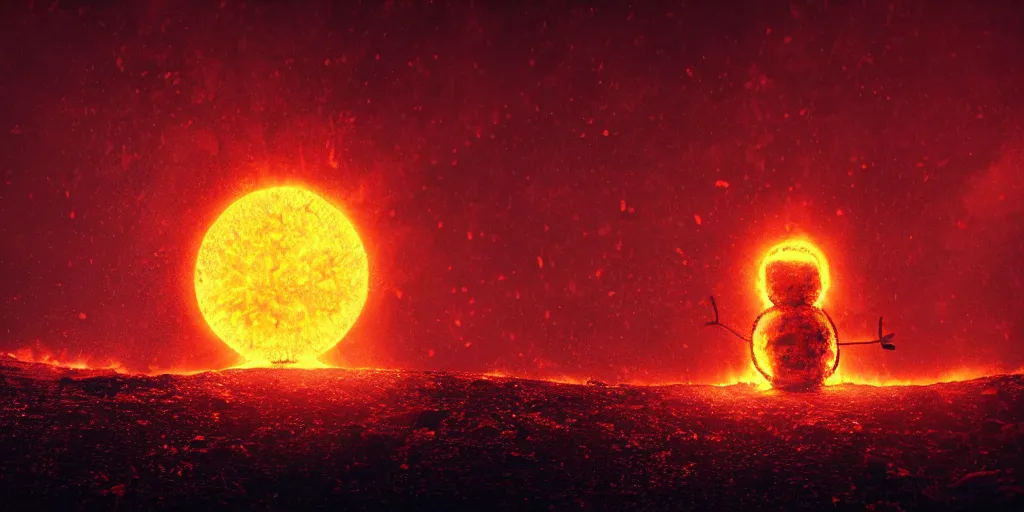 Image similar to a melted glowing snowman melting on top of the sun. the ground is made of fire and lava and is glowing orange. cinematic, dramatic, epic, volumetric lighting, atmospheric, red, orange extremely coherent, 8 k, space, warm, blade runner 2 0 4 9