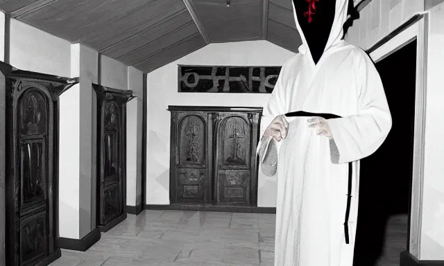 Prompt: cultist in robe with mask and gloves, satanic church interior, ceremonial, realistic photo, cctv footage, horror lighting, dim lighting