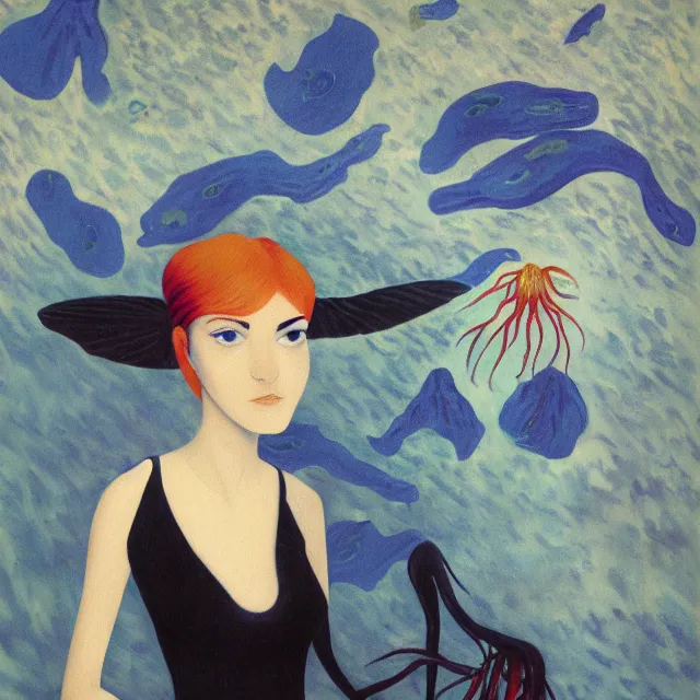 Prompt: tall emo female artist holding a blue starfish in her flooded kitchen, pomegranates, octopus, water gushing from ceiling, painting of flood waters inside an artist's apartment, a river flooding indoors, ikebana, zen, rapids, waterfall, black swans, canoe, berries, acrylic on canvas, surrealist, by magritte and monet