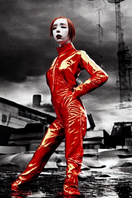 Prompt: Demonic masonic Holly Herndon style occult seinen manga tokyo fire(1967) movie still, oilfield dance scene, Fashion photography, pointé pose;pursed lips, athletic, terrified 👿 , gaze down,harajuku hair, wearing mercury Balenciaga anti-g flight suit ,specular highlights, half submerged in heavy oil flood, oil to waist, , ,eye contact, ultra realistic, tilt shift background, Panavision Panaflex X , Technicolor, 8K, 35mm lens, three point perspective, closeup portrait, chiaroscuro, highly detailed, devine composition golden ration,by Allister Crowley, by moma, by Nabbteeri by Sergey Piskunov