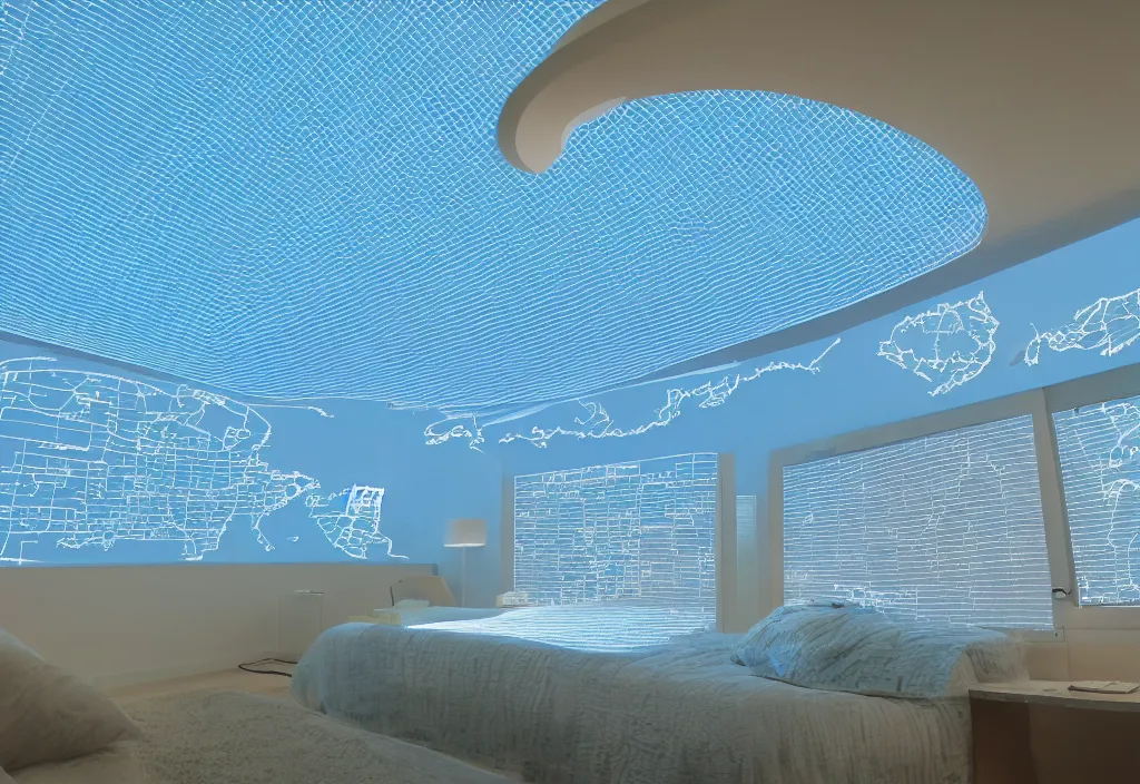 Image similar to curved translucent visors projecting detailed florida weathermap, pixel perfect photograph, high contrast, volumetric lighting, thin glowing lights, bedroom, visor, users, pair of keycards on table