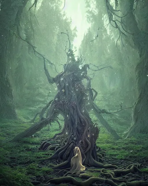 Image similar to highly detailed surreal vfx portrait of a cursed crown in a shadowy forest by a willow tree, stephen bliss, unreal engine, greg rutkowski, loish, rhads, beeple, makoto shinkai and lois van baarle, ilya kuvshinov, rossdraws, tom bagshaw, alphonse mucha, global illumination, detailed and intricate environment