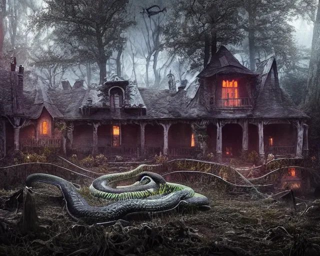 Image similar to the scariest witches house, that has giant snakes on the roof, in a scary dark forest, epic scene, dark, scary, horror, frightening, fantasy, cinematic, redshift render, cgi, hyper - detailed, photo - bash, 8 k post - production, masterpiece, in the style of greg rutkowski