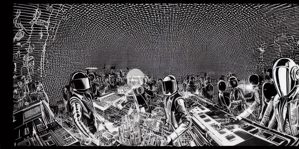 Prompt: intricate detailed artwork of Daft Punk using dj controller at an underground warehouse rave in Ibiza playing techno house music, thousands beautiful gorgeous girls dancing in bikini, in the style of Moebius, wires, speakers, black and white ink, some ink drips
