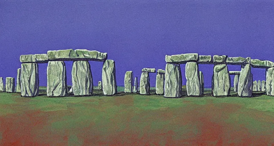 Image similar to color sketch of stonehenge, highly detailed, dramatic lighting, intense shadows, rich deep colours, by david hockney