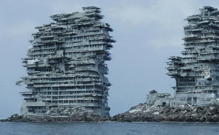 Image similar to a large building on the coast of japan. in the style of gits mamoru oshii.