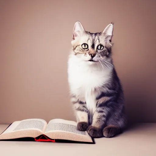 Image similar to award winning photograph of super adorable cat standing in front an open Bible, studio lighting, studio photography