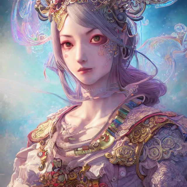 Prompt: studio portrait of neutral good rainbow colorful female cleric bard healer as absurdly beautiful, elegant, young skinny gravure idol, an ultrafine hyperdetailed illustration by kim jung gi, intricate linework, detailed faced, sharp focus, bright colors, octopath traveler, final fantasy, unreal engine 5 highly rendered, global illumination, radiant light, detailed and intricate environment