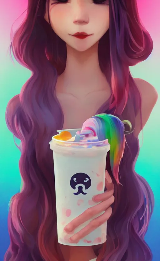 Image similar to a kawaii woman with rainbow hair, happy, summer time, holding boba tea drink, soft eyes and narrow chin, dainty figure, long hair straight down, kawaii shirt and jeans, basic white background, In style of by Jordan Grimmer and greg rutkowski, crisp lines and color