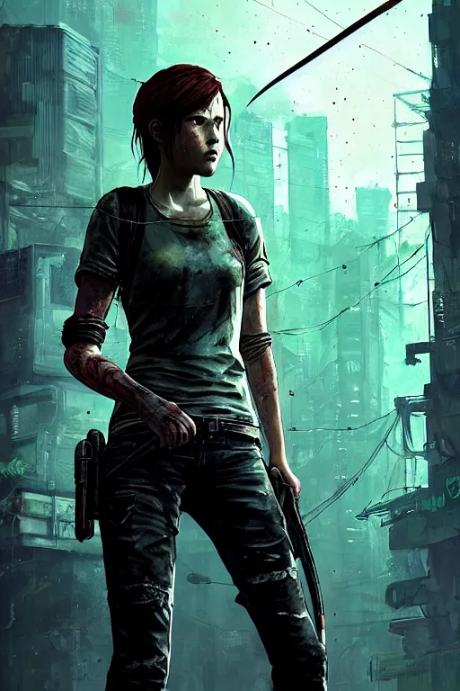 Image similar to ellie from the last of us part 2, cyberpunk futuristic neon. fencing, long sword in her hand, decorated with traditional japanese ornaments by ismail inceoglu dragan bibin hans thoma greg rutkowski alexandros pyromallis nekro rene maritte illustrated, perfect face, fine details, realistic shaded, fine - face, pretty face, masterpiece