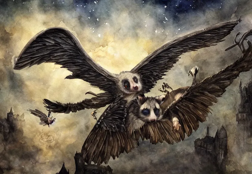 Image similar to the legendary glorious winged possum is flying over a medieval castle under the dark starred sky, dark fantasy, watercolor, dreaming illusion, highly detailed, 4k, trending on Artstation, award-winning