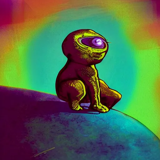 Image similar to a small creature sitting on a perch. in the style of 70s sci-fi illustration. psychedelic. other worldly.