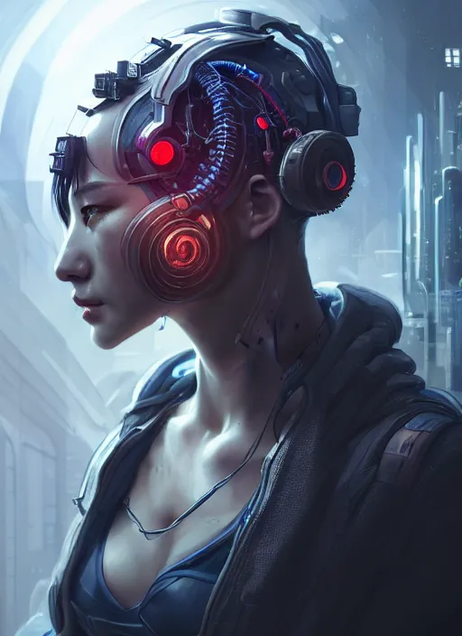 Image similar to a hyper detailed octane render concept art by xision wu, kerem beyit, sandara tang portrait of cyberpunk cyborg, dim lighting, detailed portraits, unreal engine 5, highly rendered,, digital painting, artstation, concept art, smooth, sharp focus perfect horizontal ， symmetry illustration, detailed and intricate environment artstation hq