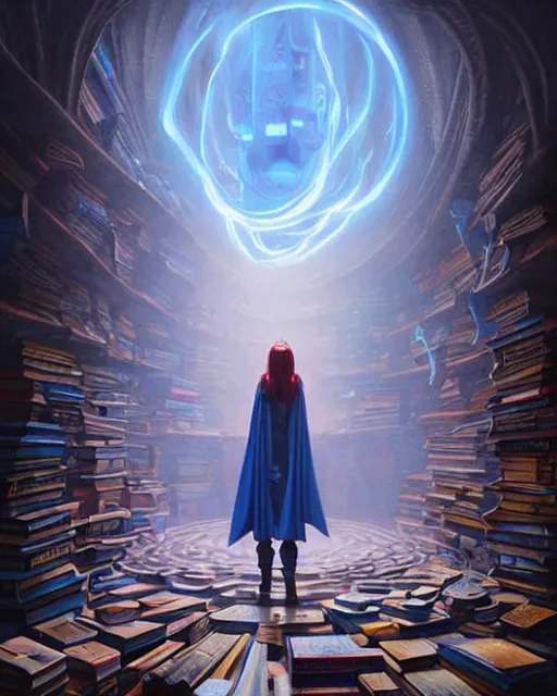 Prompt: highly detailed surreal vfx portrait of a female mage with a blue cape in a labyrinth of books, stephen bliss, unreal engine, greg rutkowski, loish, rhads, beeple, makoto shinkai and lois van baarle, ilya kuvshinov, rossdraws, tom bagshaw, alphonse mucha, global illumination, detailed and intricate environment