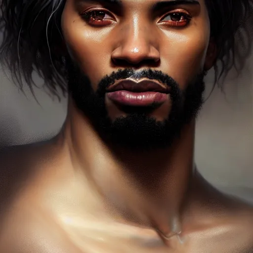 Image similar to portrait painting of a beautiful black man with cut scars and cropped hair wearing a tattered fur coat, ultra realistic, concept art, intricate details, eerie, highly detailed, photorealistic, octane render, 8 k, unreal engine. art by artgerm and greg rutkowski and charlie bowater and magali villeneuve and alphonse mucha