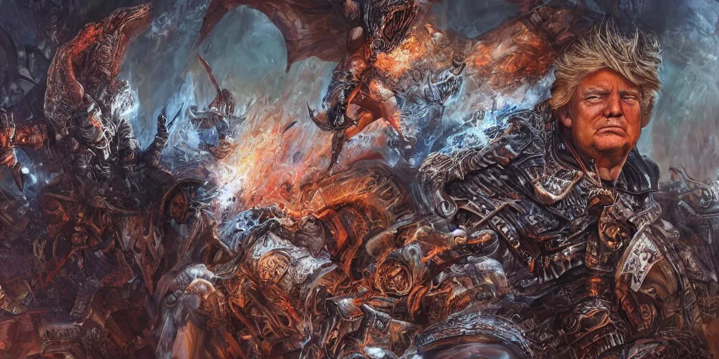 Image similar to hyperrealistic mixed media painting of Trump as a Diablo 2 character, stunning 3d render inspired art by P. Craig Russell and Barry Windsor-Smith, 8k octane beautifully detailed render, post-processing, extremely hyperdetailed, intricate, epic composition, grim yet sparkling atmosphere, cinematic lighting + masterpiece, trending on artstation, very detailed, masterpiece, stunning