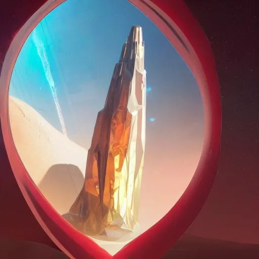 Image similar to huge angular vertical complex translucent crystal in the desert, reflection from the crystal is sparkling due to sun, small retro starship is near, futuristic hi-tech details, art by anthony macbain + greg rutkowski + alphonse mucha, concept art, 4k, sharp focus, cinematic render unreal engine