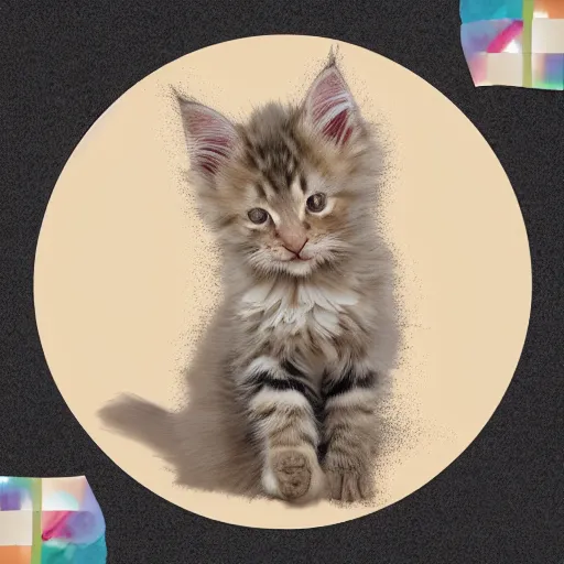 Prompt: a playful cream colored maine coon kitten is alone in a dark and dusty parlor. it plays with cat toys on a colorful round throw rug. 8 k, 4 k, digital art, artstation