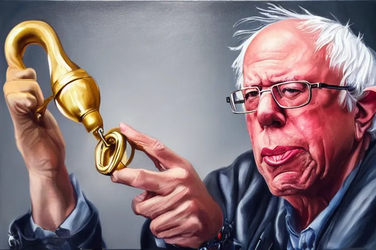 Prompt: Bernie Sanders as rap artist wearing gold chains and gold teeth, drinking cough syrup, oil on canvas, artstation, portrait, masterpiece, aesthetic