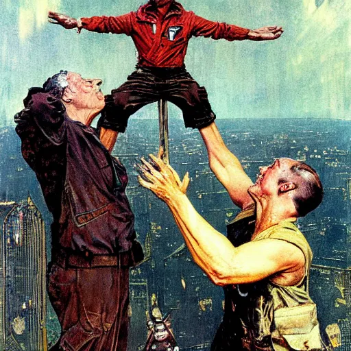 Prompt: the replicant sapper morton from blade runner lifts someonegrandmother above his head just to show how strong he is, painted by norman rockwell and tom lovell and frank schoonover