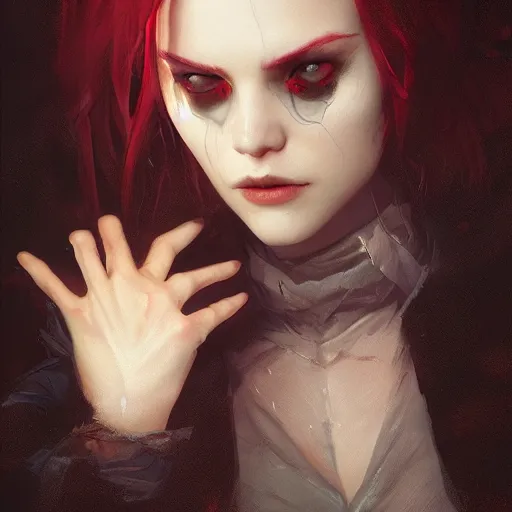 Image similar to a vampire covering her eyes, ultra high detailed, oil painting, greg rutkowski, charlie bowater, yuumei, yanjun cheng, unreal 5, daz, hyperrealistic, octane render, rpg portrait, dynamic lighting