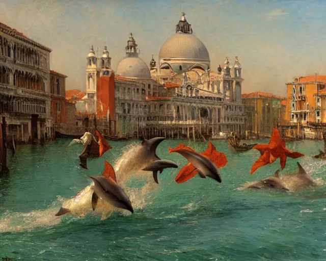 Image similar to dolphins swimming and jumping in venice, painting by gaston bussiere, craig mullins, j. c. leyendecker