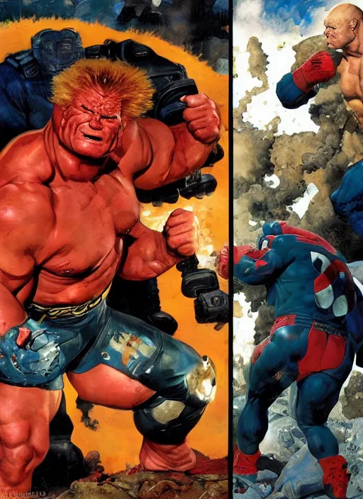 Image similar to full body and head portrait of brock lesnar as marvel mutant juggernaut, dynamic action, painted by norman rockwell and phil hale and greg staples and tom lovell and frank schoonover and jack kirby