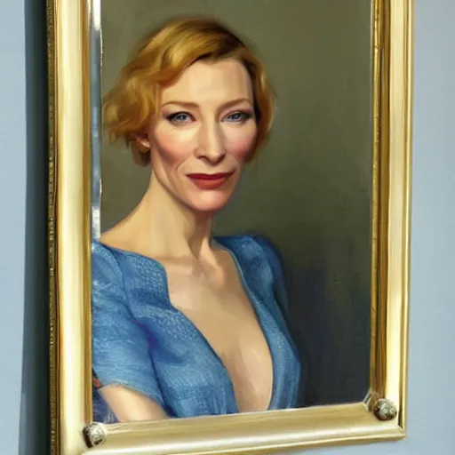 Image similar to cate blanchett in low-cut blouse in front of a mirror, painting by Vladimir Volegov