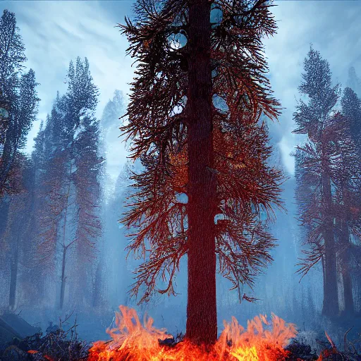 Image similar to surreal burning forest beautiful 4 k hyperrealistic artstation trending ray traced unreal engine detailed high resolution high detail drawn by peter michaels michaels mackentire and ronaldo swansonjohnson