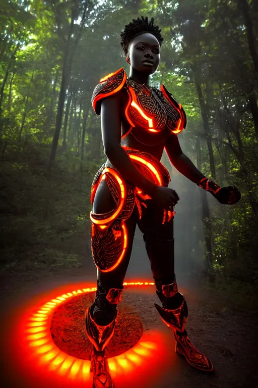 Image similar to hyperrealistic long shot mithra gorgeous black woman intricate exoskeleton bone armor in a forest sun behind her concept art eric zener elson peter cinematic orange light low angle hd 8k sharp rack focus